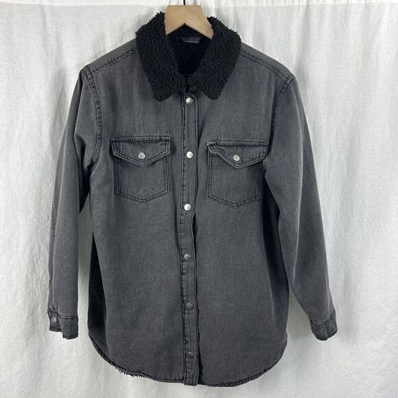 Excuse Never Enough Vintage Sherpa Lined Gray Denim Snap Button Jacket Size M - Picture 1 of 16